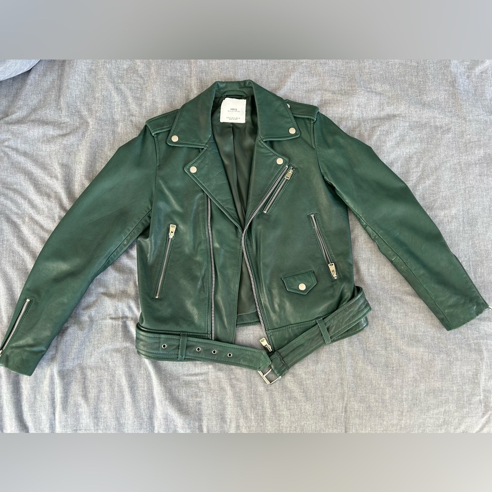 MNG Mango Genuine Leather Biker Jacket - Green - Size M